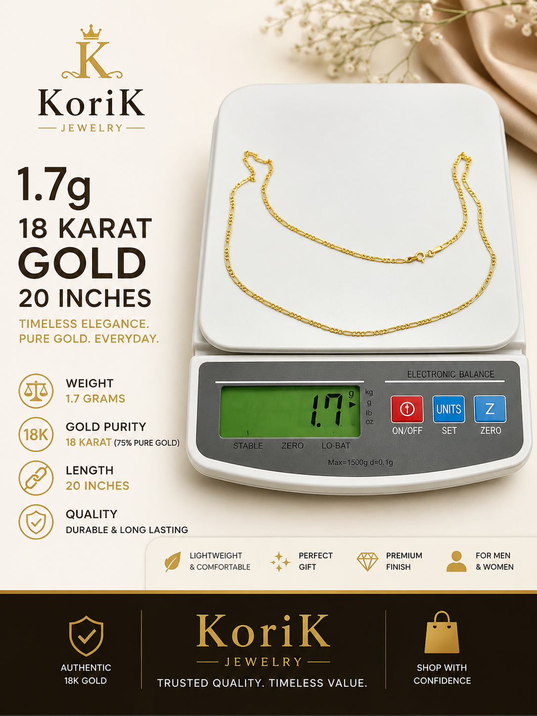 1.7g 18 Karat Gold Necklace – 20 Inches image 1